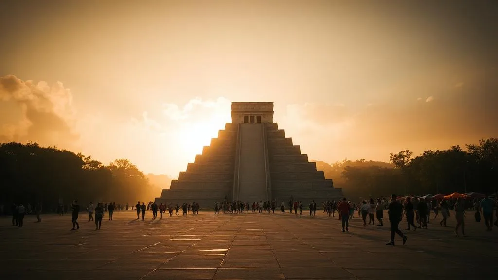 Empty Chichen Itza plaza early morning golden light El Castillo pyramid