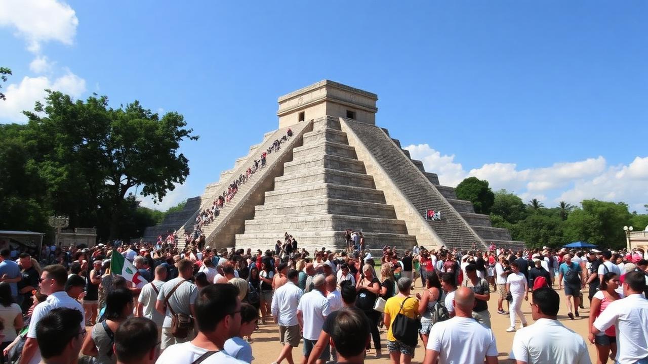 Busy visitor atmosphere near El Castillo during peak season at Chichen Itza