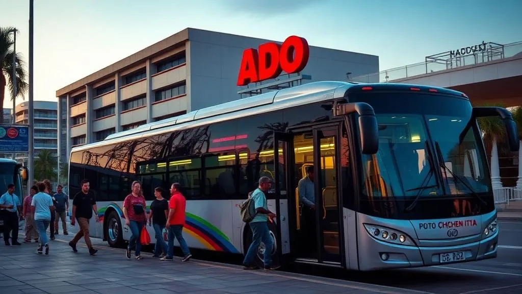 Autobús ADO en la estación de Cancún rumbo a Chichén Itzá