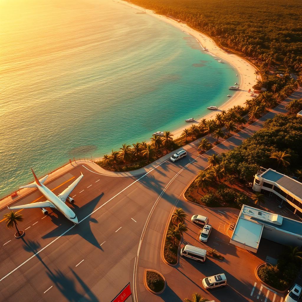 Aerial view of Cancún International Airport at golden hour with jets on tarmac, palm-lined access road curving toward turquoise Caribbean coast, and shuttle vans and taxis waiting at the terminal curb