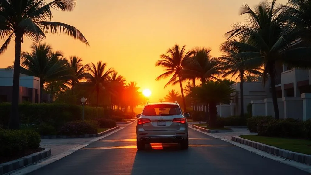 Private vehicle leaving Cancun resort at sunrise palm trees