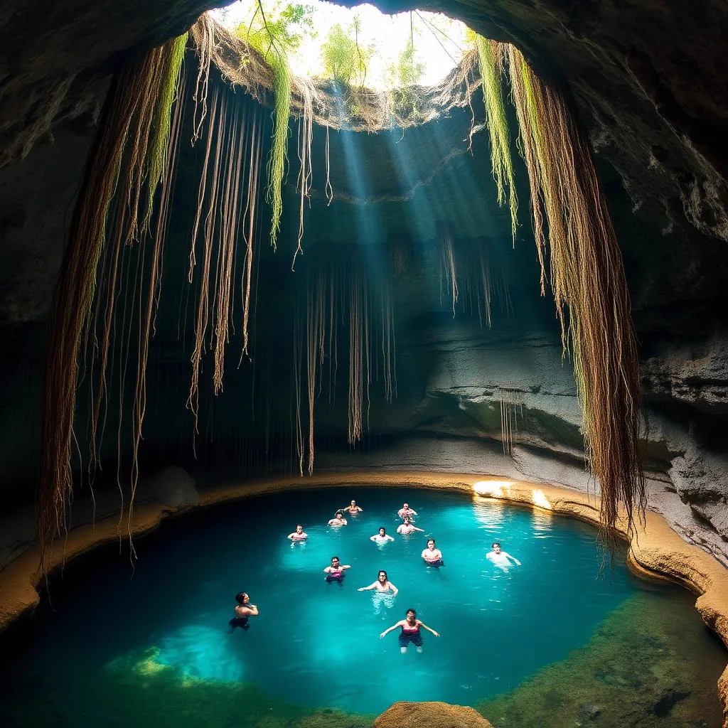 Cenote Ik Kil near Chichen Itza with turquoise water and jungle roots hanging from open sinkhole