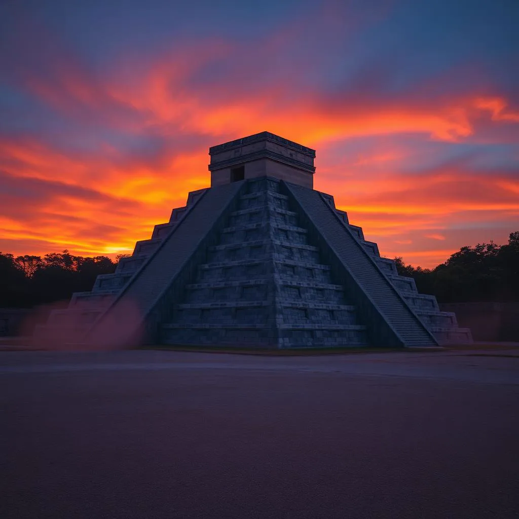 Sunrise Chichen Itza tour from Merida, El Castillo pyramid at golden hour before the coach buses