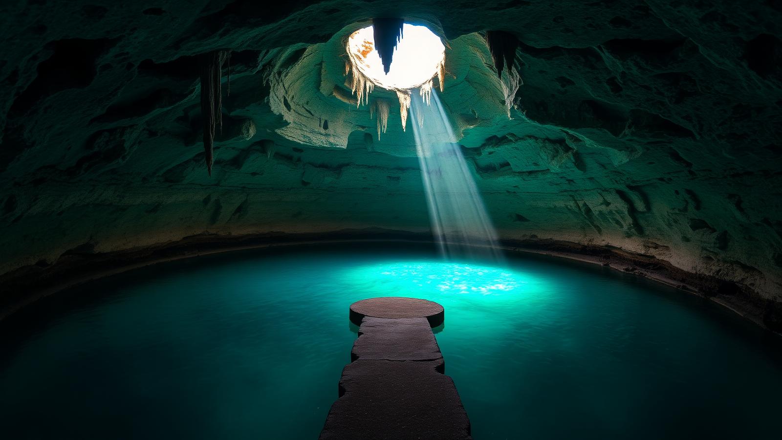 Cenote Suytun near Valladolid Yucatán with iconic light beam over stone platform in turquoise cave water