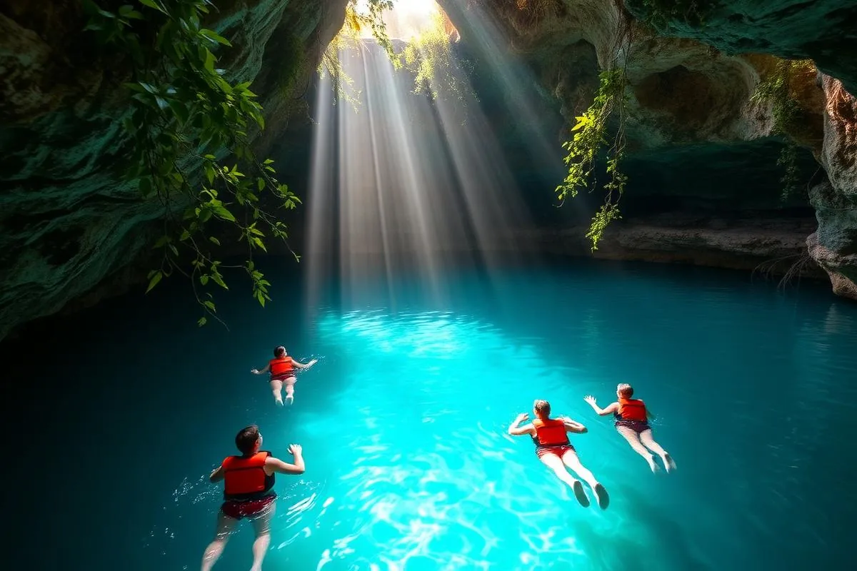 Small private group swimming in a Yucatan cenote near Chichen Itza with life jackets