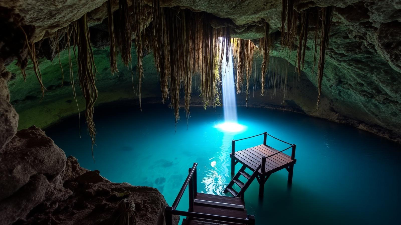 Cenote Xcanché near Ek Balam with turquoise water, hanging tree roots and wooden swim platform in Yucatan Mexico