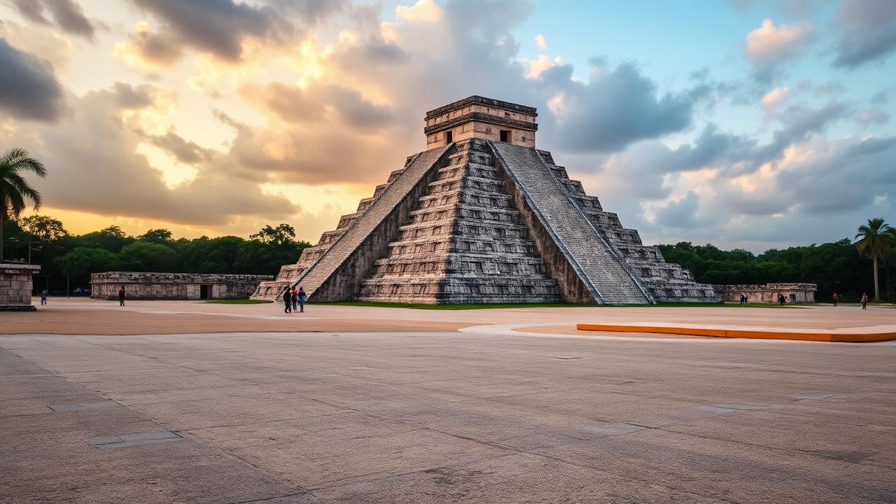 Chichen Itza early morning ruins private tour, empty central plaza before group buses arrive