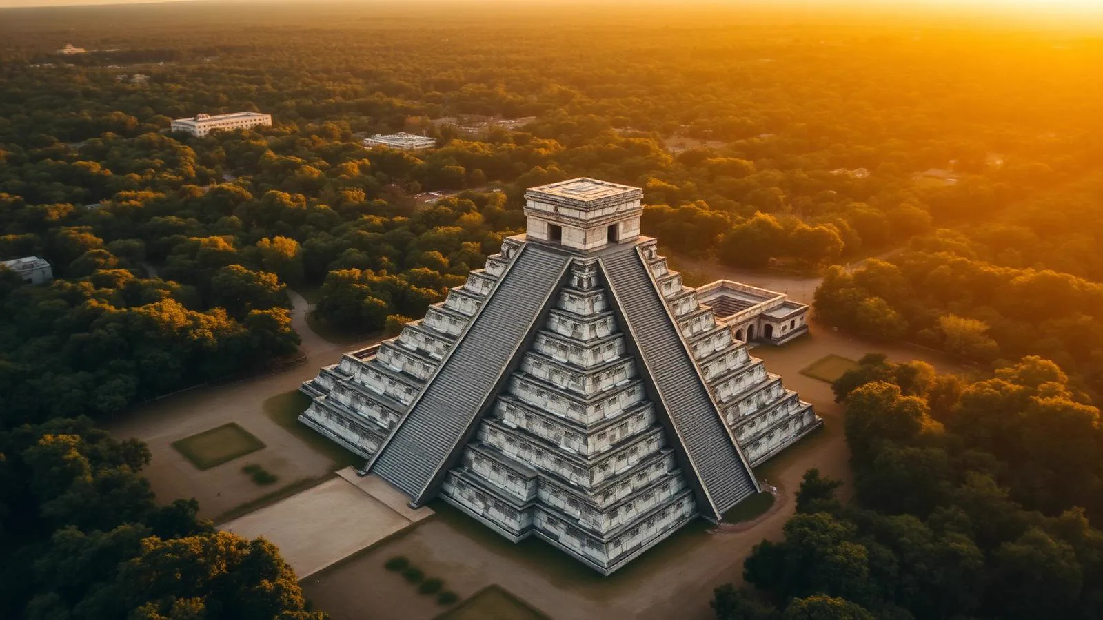 Aerial view of El Castillo pyramid at Chichén Itzá archaeological zone at golden hour, ancient Maya city in the Yucatán jungle