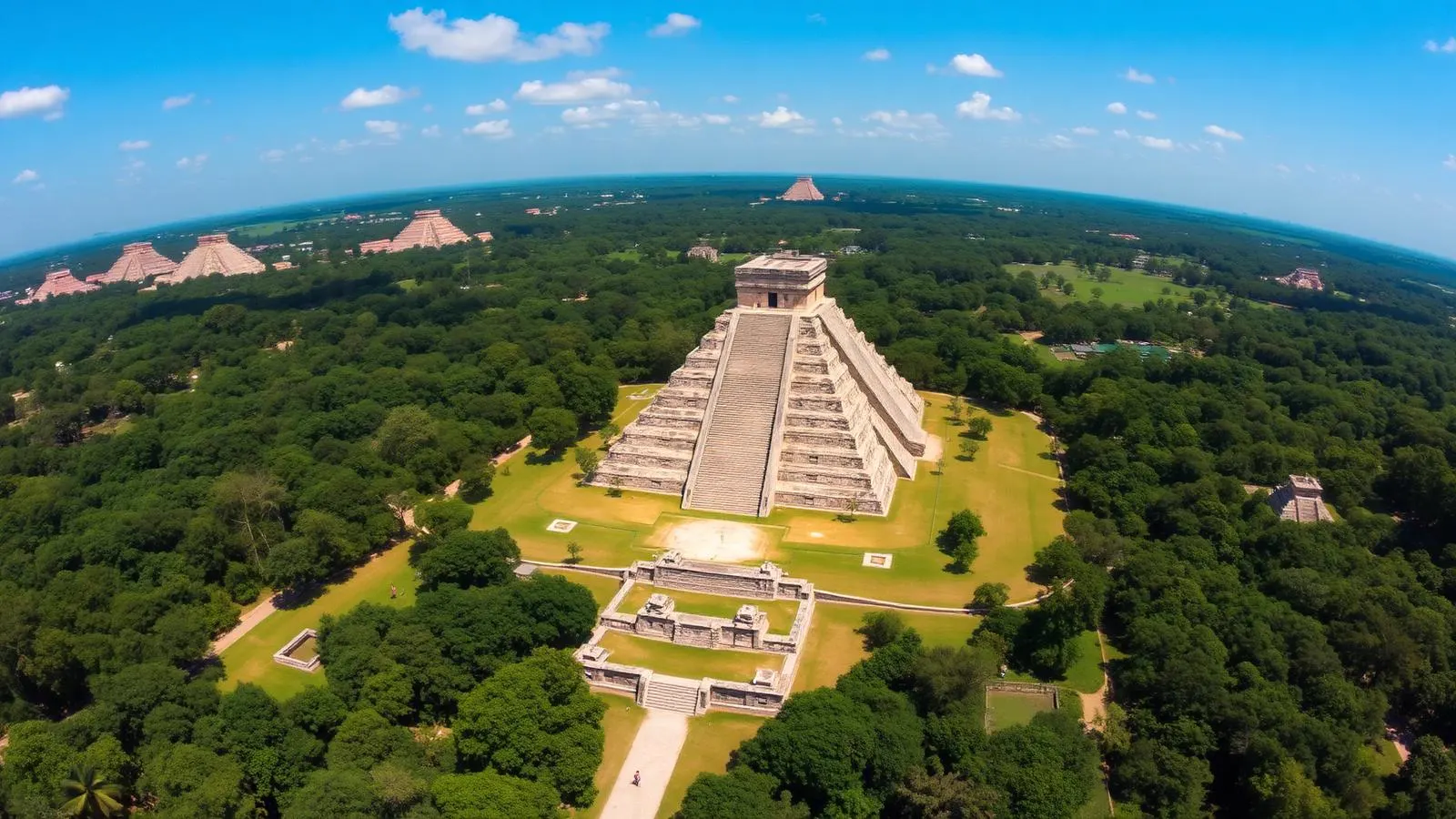 Aerial view of the Chichen Itza archaeological zone showing El Castillo, the Great Ball Court and jungle paths laid out like a map