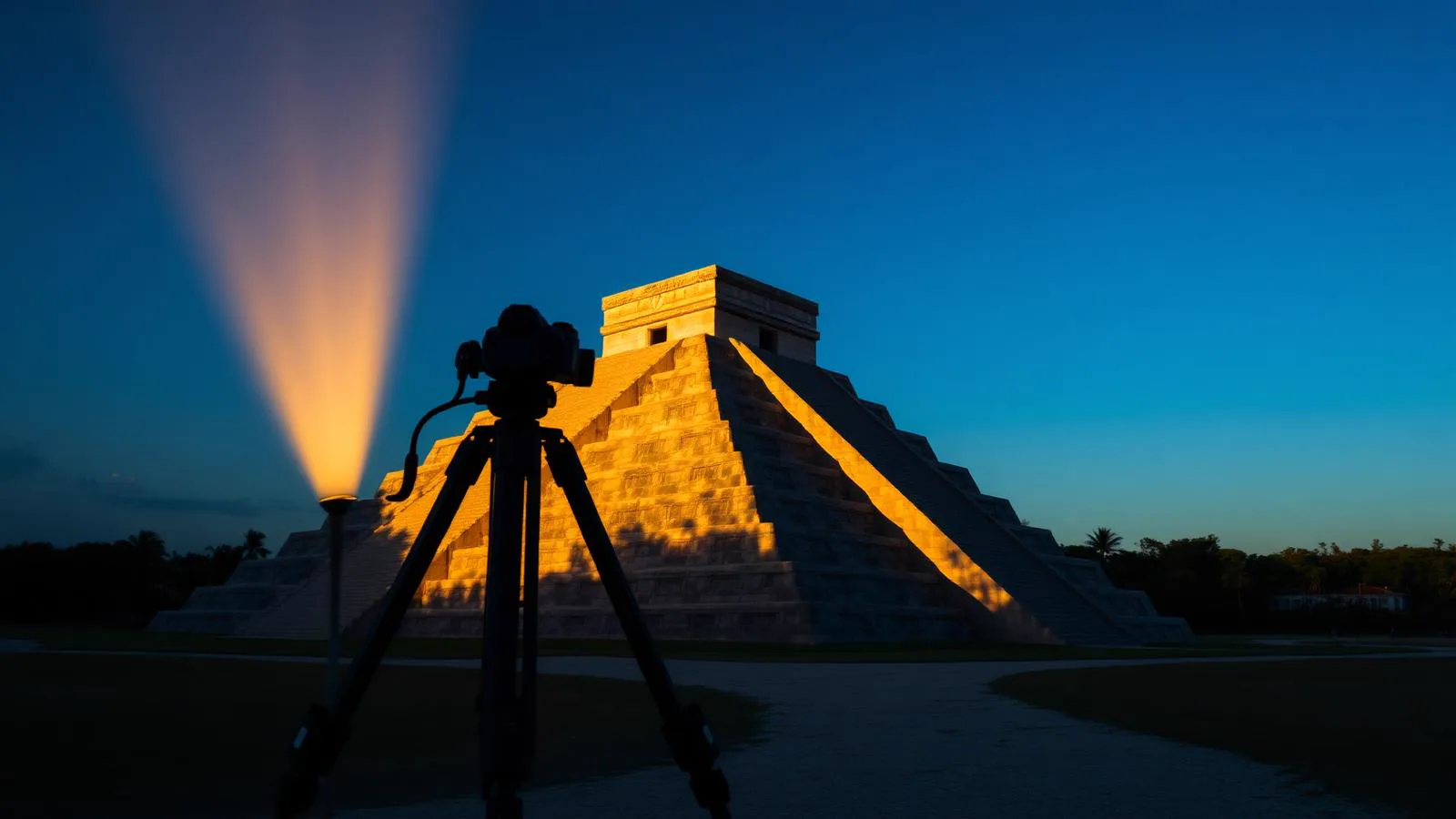 Silhouetted tripod and mirrorless camera in the foreground framing the Kukulcán pyramid El Castillo at Chichén Itzá in golden side-light at dawn with deep blue Yucatán sky, Chichén Itzá photography guide 2026