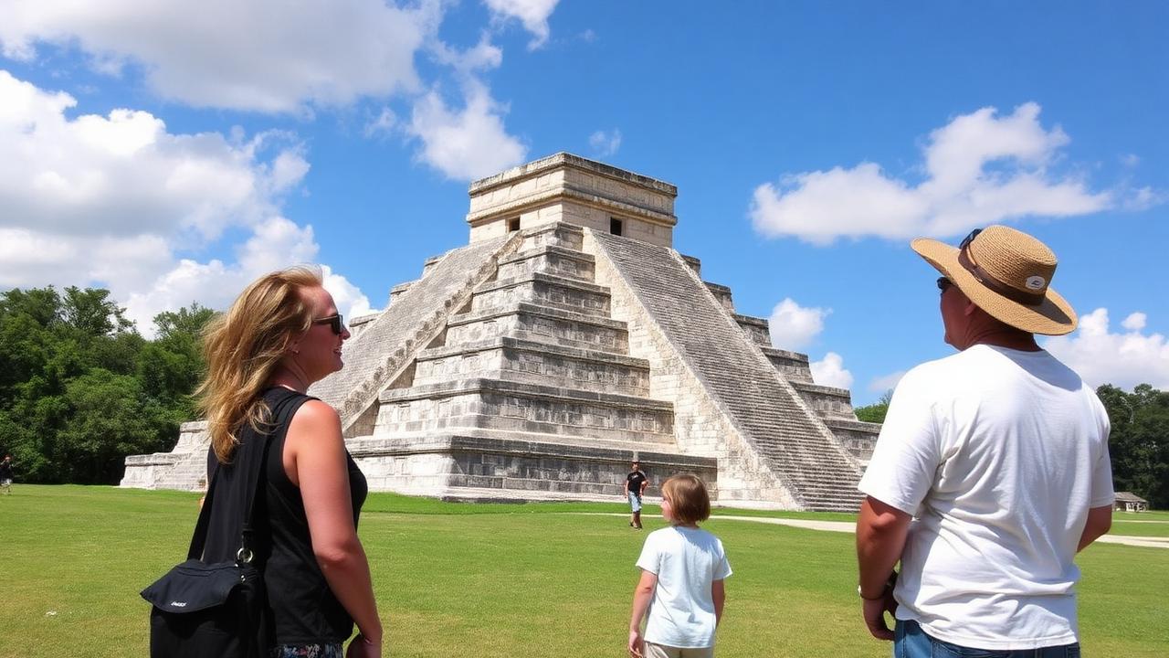 Chichen Itza private guide explaining ruins to small group, personalized attention versus shared group