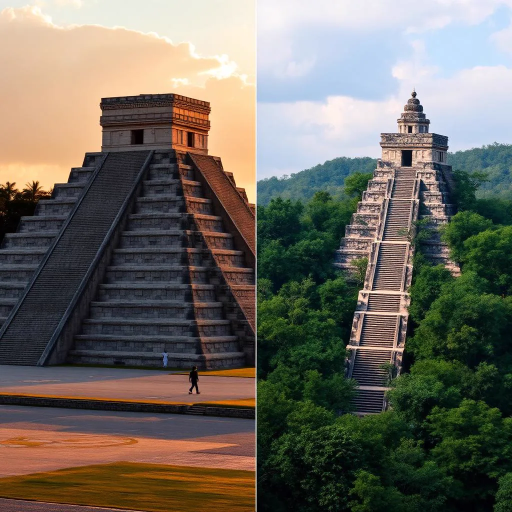 Split-composition photograph comparing the massive stepped Kukulcán pyramid at Chichén Itzá on the left with the jungle-shrouded Nohoch Mul pyramid rising above the Yucatán rainforest canopy at Cobá on the right, Chichén Itzá vs Cobá 2026