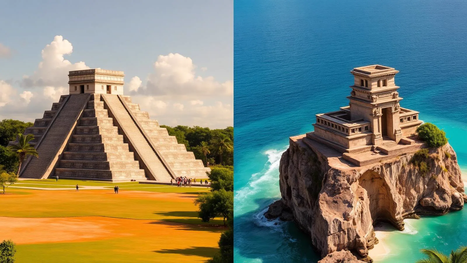 Split-composition photograph comparing the massive stepped Kukulcán pyramid at Chichén Itzá on the left with the small cliff-top Castillo temple of Tulum ruins overlooking turquoise Caribbean sea on the right