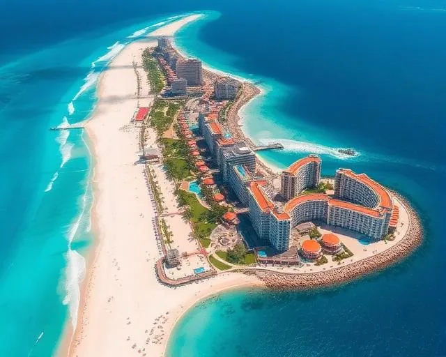 Cancun Hotel Zone beachfront resorts at sunrise, pickup point for Chichen Itza tours from Cancun