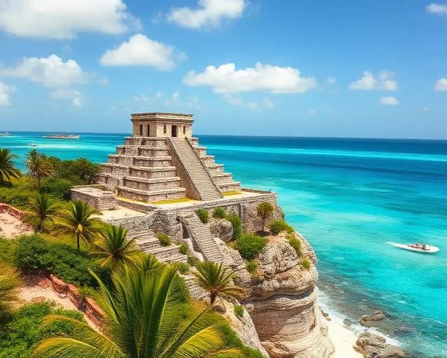 Palm-lined Tulum beach road at dawn, hotel-door pickup zone for Chichen Itza tours from Tulum