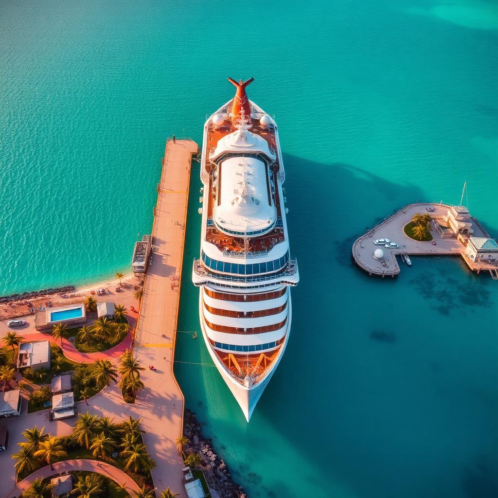 Aerial view of a cruise ship docked at Cozumel cruise port pier with turquoise Caribbean water, San Miguel coastline and palm trees in golden morning light