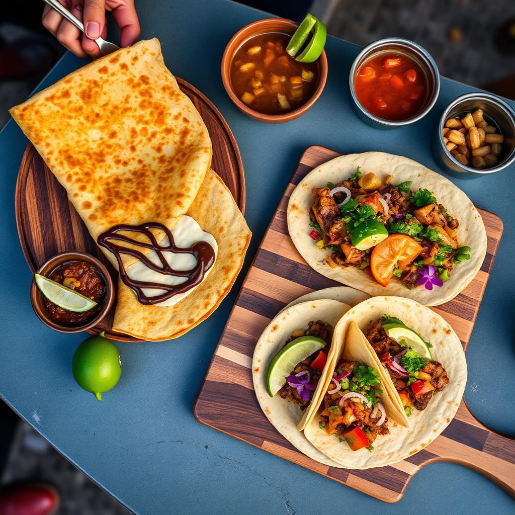 Cozumel marquesita crepe with cheese and Nutella beside cochinita pibil tacos and Mexican salsas
