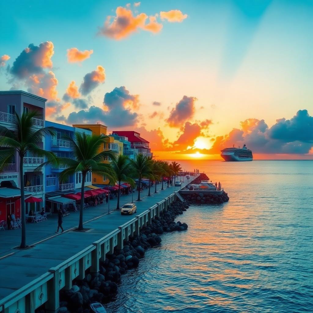 San Miguel de Cozumel malecon waterfront at sunset with cruise ship offshore and colorful Caribbean buildings