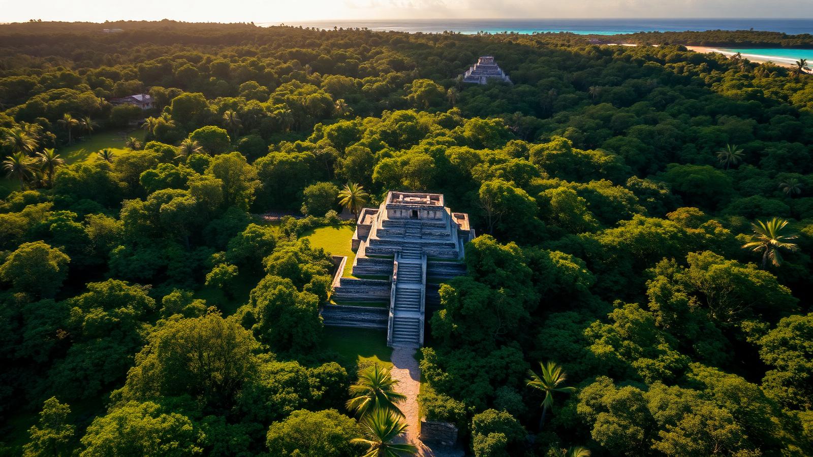 Aerial view of San Gervasio Mayan ruins on Cozumel Island, limestone temple platform in green jungle canopy with turquoise Caribbean sea in the distance at golden hour