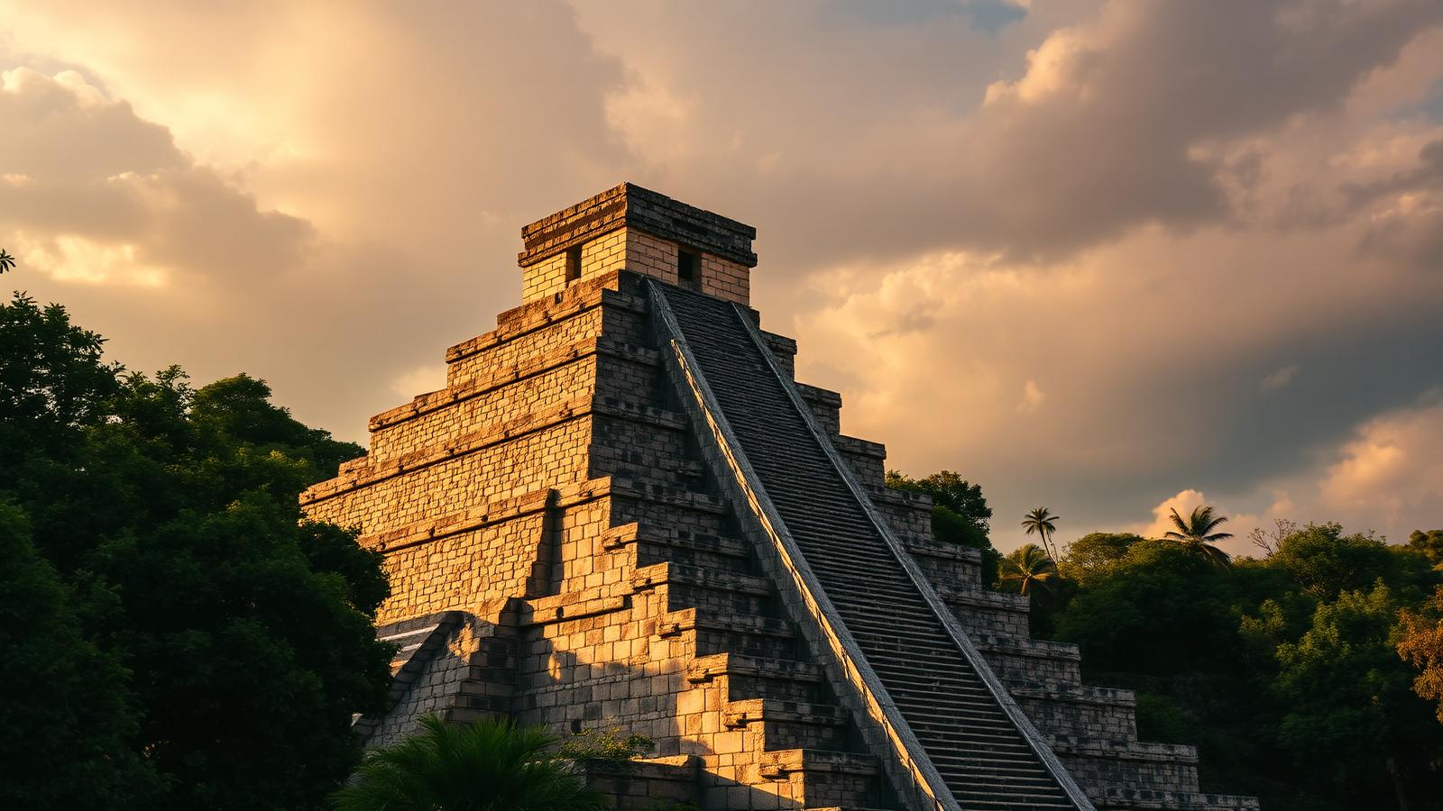 Ek Balam Acropolis pyramid at golden hour in Yucatan Mexico, the still-climbable Mayan pyramid on the Chichen Itza and Ek Balam tour