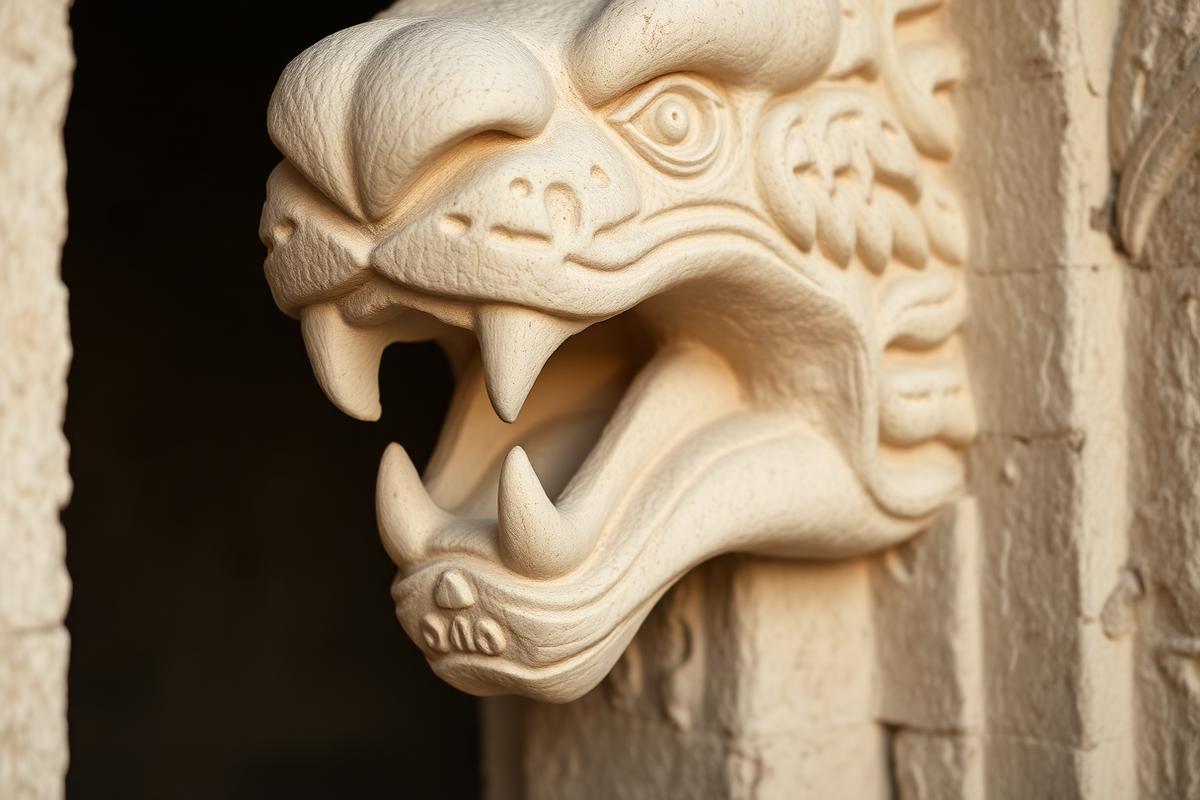 Ek Balam jaguar-mouth stucco doorway close-up showing preserved 8th-century Maya monster-mouth carving with fangs