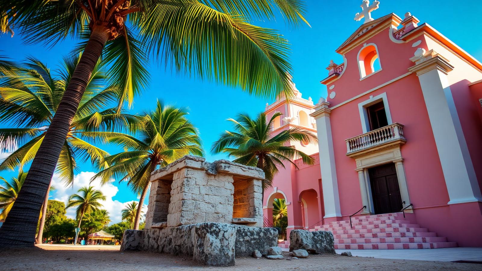Small limestone Mayan shrine at El Cedral Cozumel beside the pink Iglesia de la Cruz colonial church with palm trees and blue sky