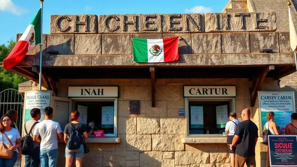 Chichen Itza ticket booth INAH and CULTUR fee windows Mexican flag
