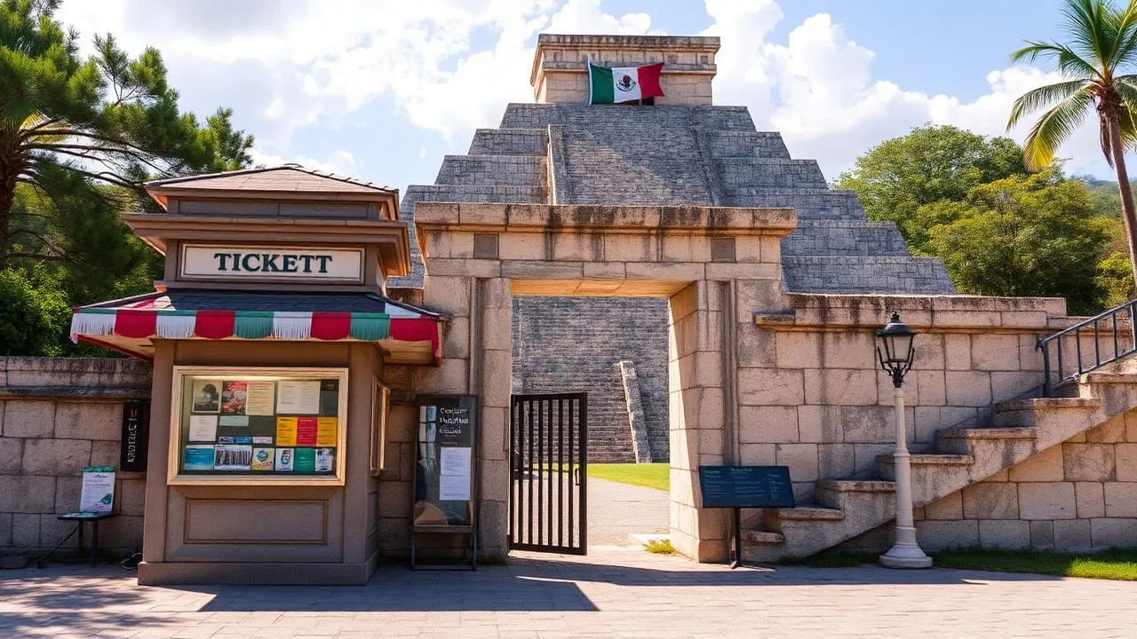 Chichen Itza ticket booth entrance gate Mexican flag fee