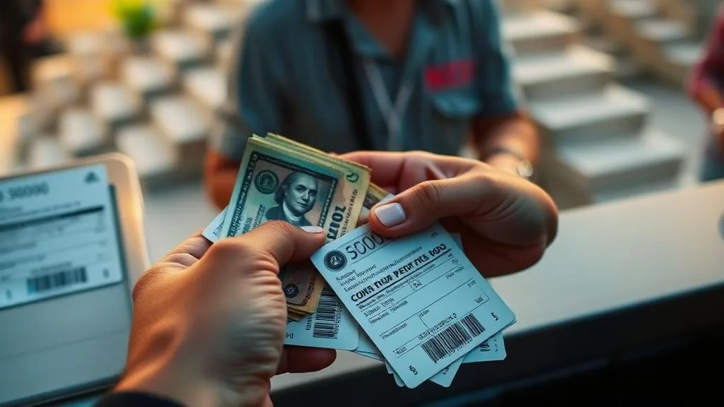 Hands paying Mexican pesos cash and tickets at Chichen Itza counter