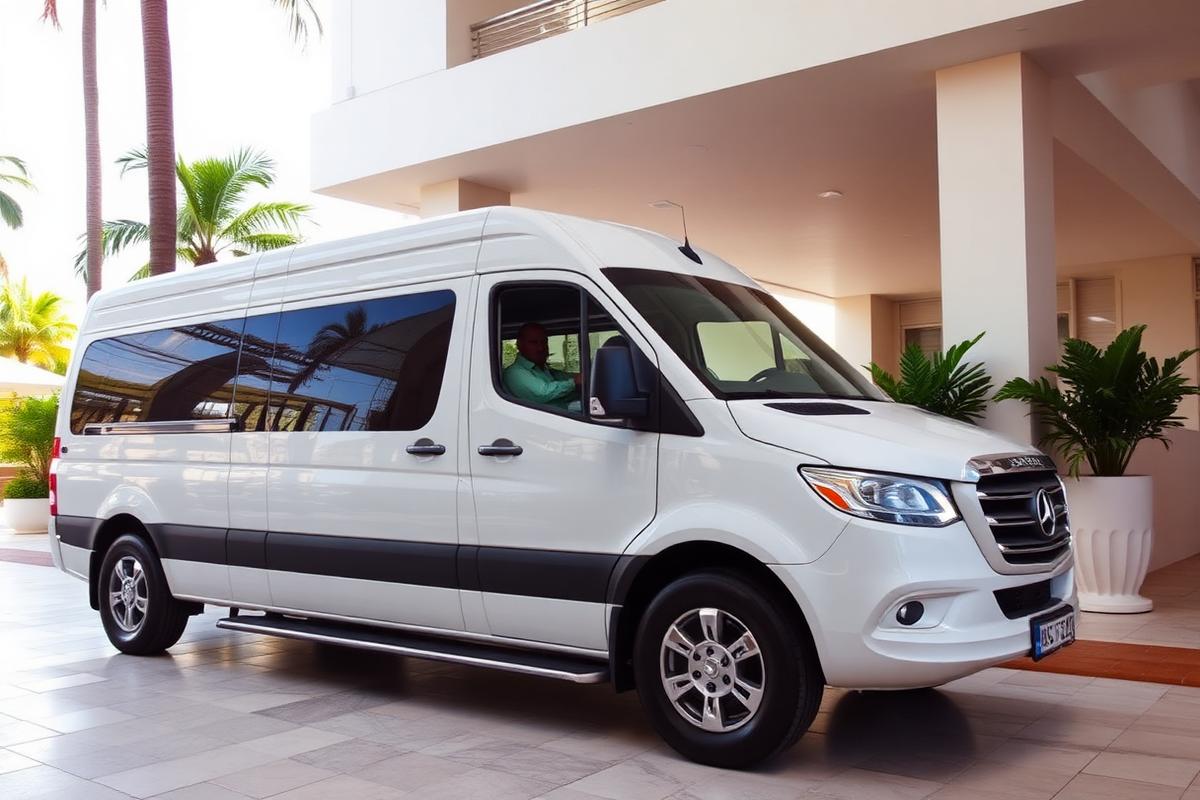 Private air-conditioned pickup van for Chichen Itza equinox tour outside a Cancun hotel lobby