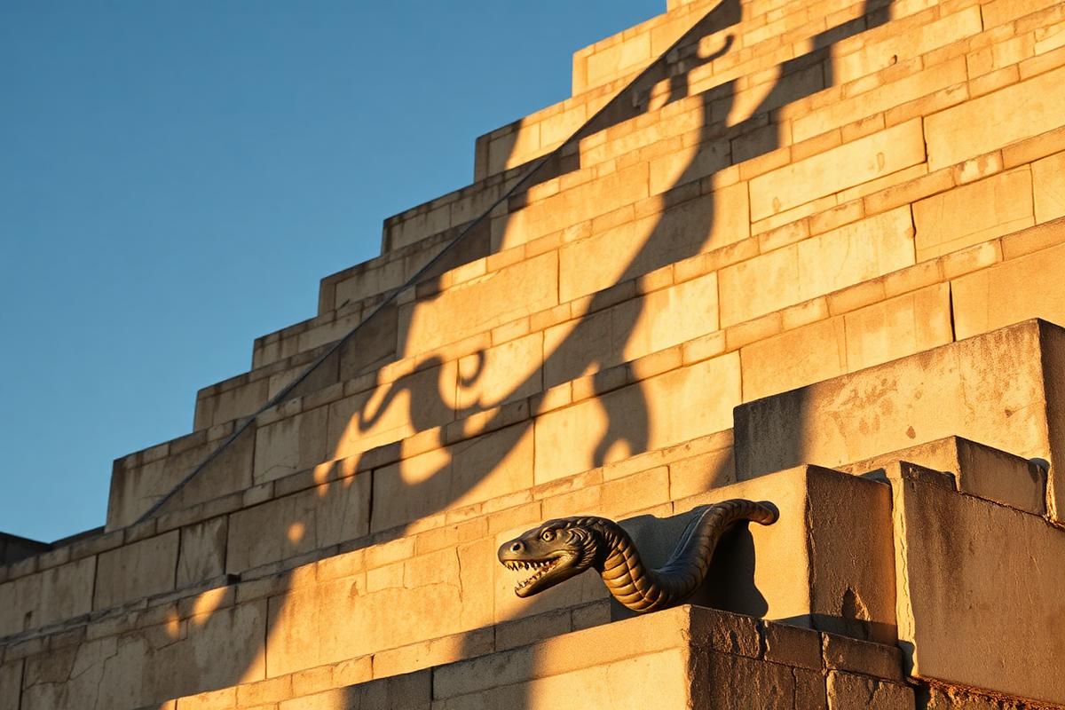 Close-up of the seven-triangle serpent-shadow pattern on the north balustrade of El Castillo during Chichen Itza equinox