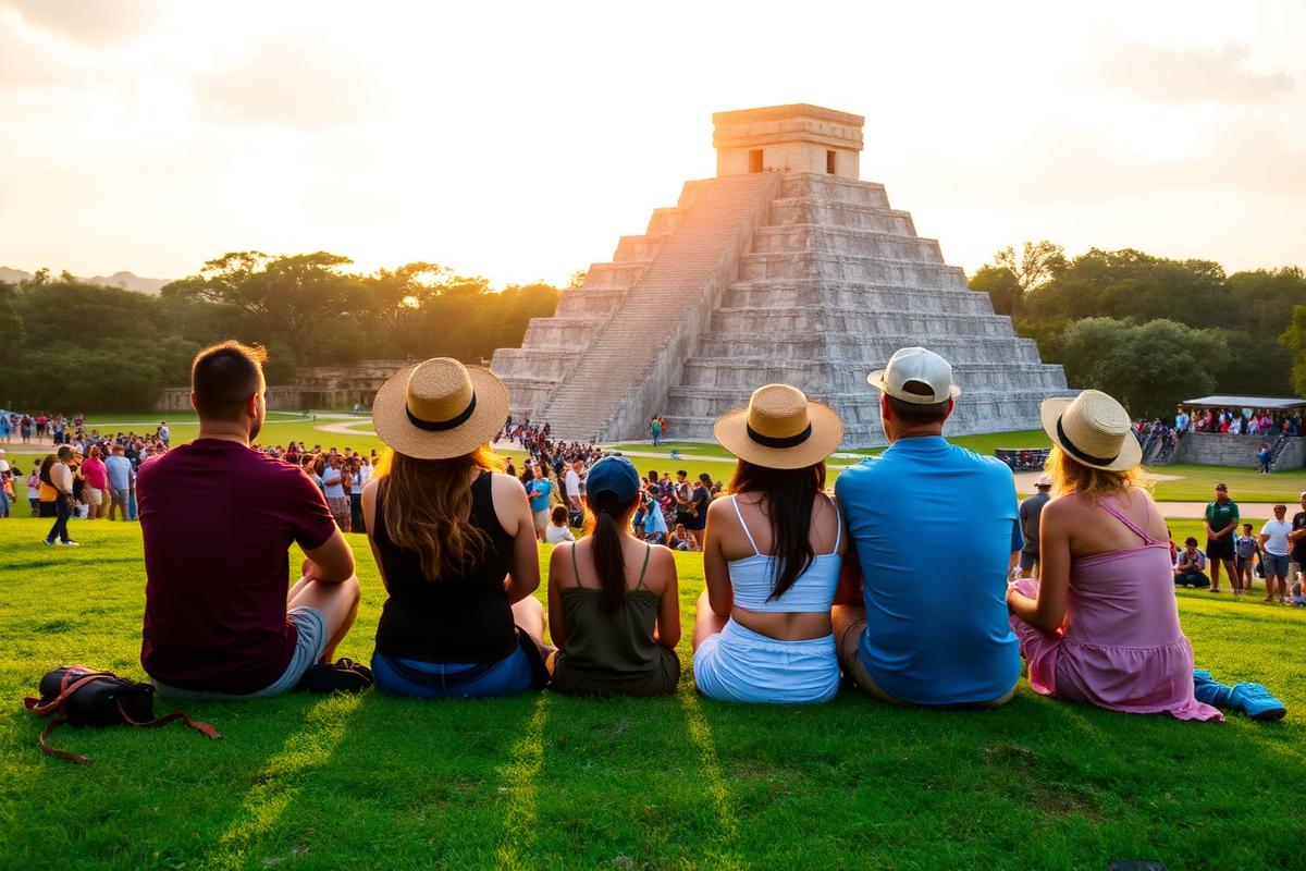 Private tour group listening to certified Maya guide near Temple of the Warriors after the equinox shadow window at Chichen Itza