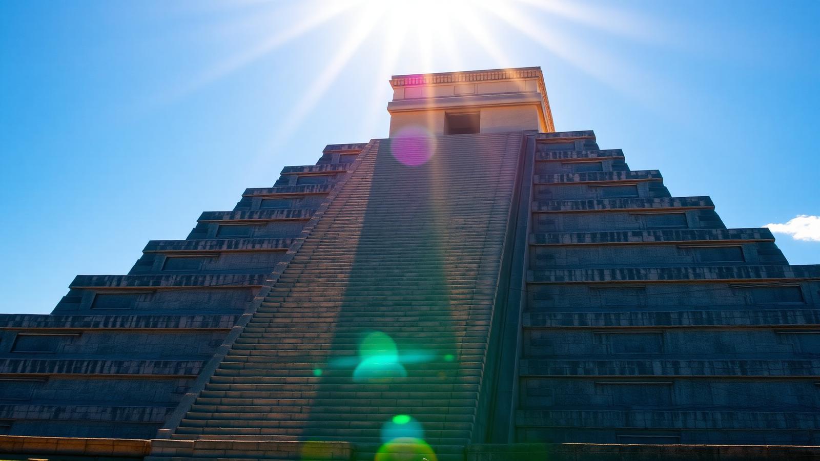 Serpent shadow descending the north staircase of El Castillo at Chichen Itza during the spring equinox at Chichen Itza equinox tour by Itza Quest