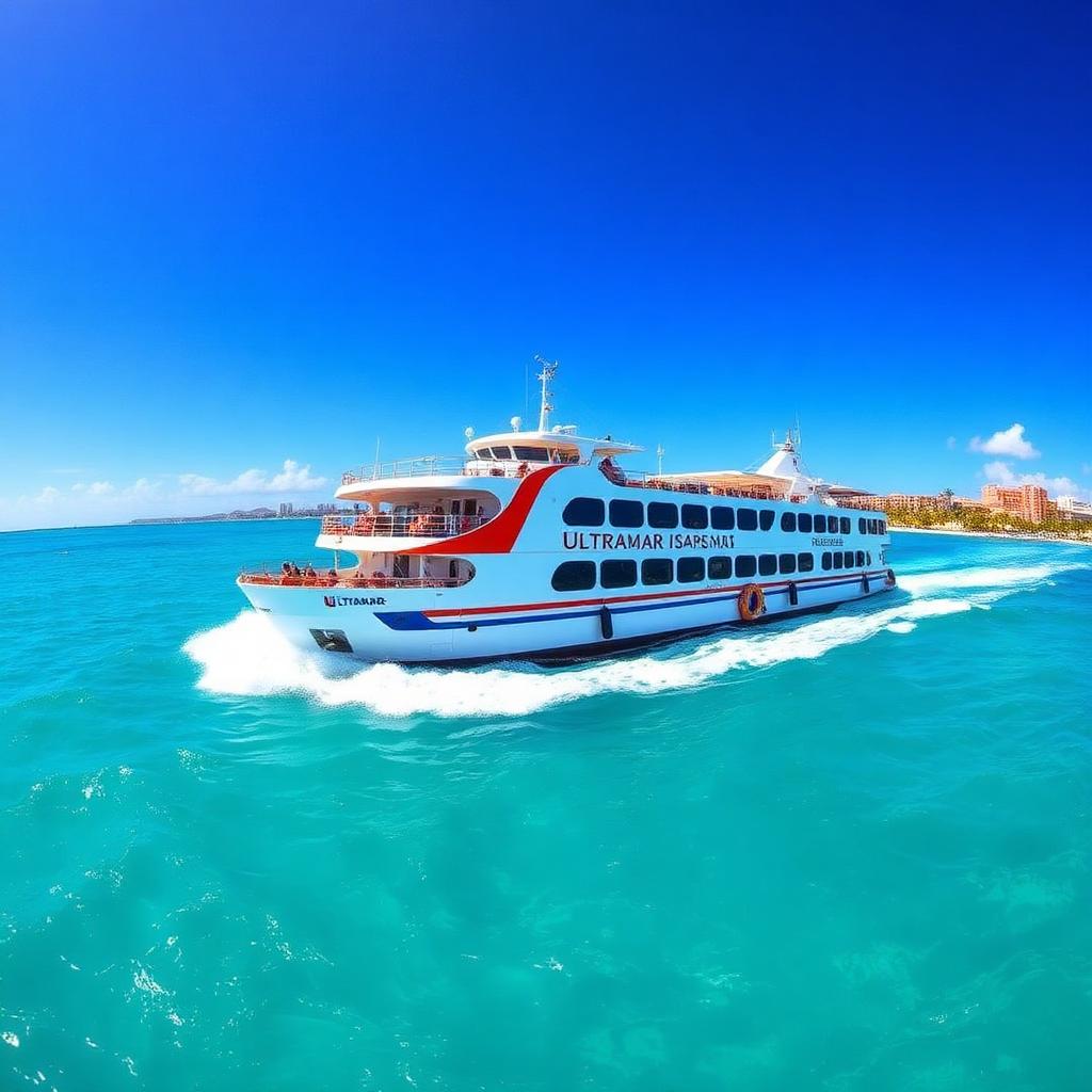 Ultramar ferry crossing turquoise Caribbean between Cozumel and Playa del Carmen for Chichen Itza day trip