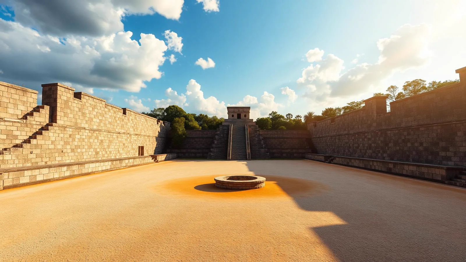 Great Ball Court at Chichén Itzá, the largest Mesoamerican ballcourt with massive parallel stone walls, stone ring, and Temple of the Jaguars in warm morning light