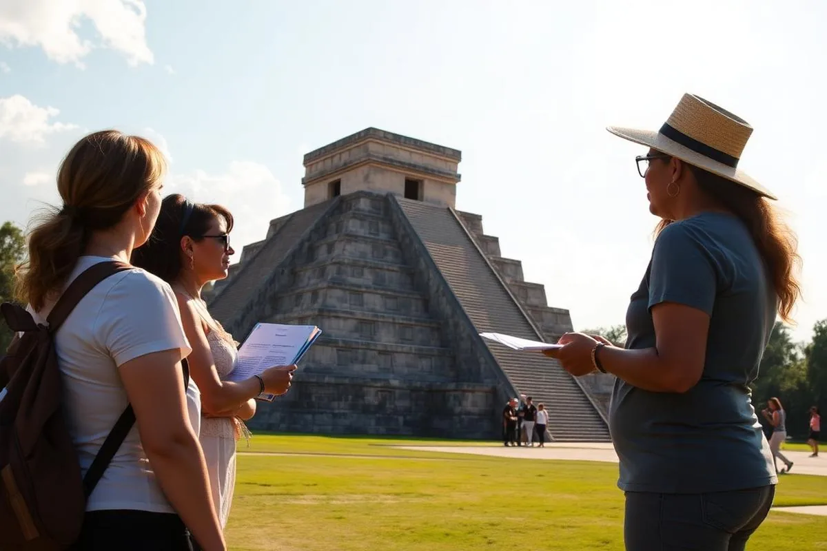 Chichen Itza guided tour, certified guide explaining El Castillo Temple of Kukulkan to small group