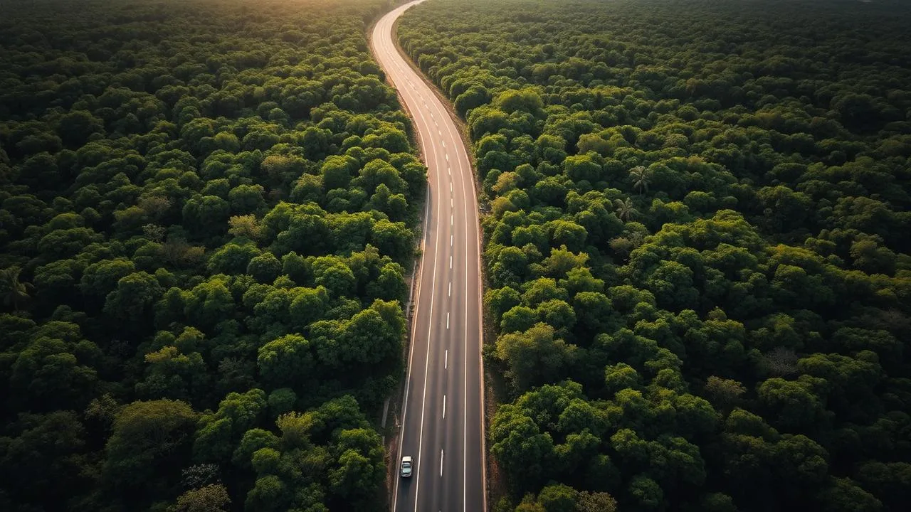 Aerial Yucatan jungle highway Cancun to Chichen Itza distance