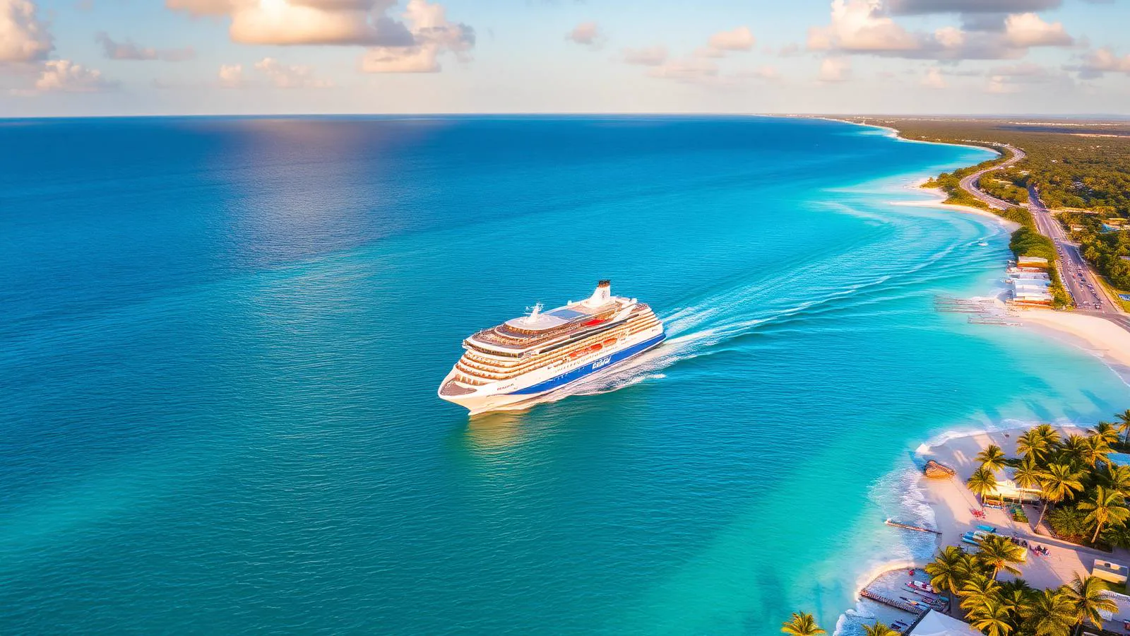 Aerial sunrise view of a large cruise ship in the turquoise Caribbean channel between Cozumel island and the Riviera Maya mainland with a coastal highway leading inland toward the Yucatán jungle, Cozumel to Chichén Itzá distance 2026