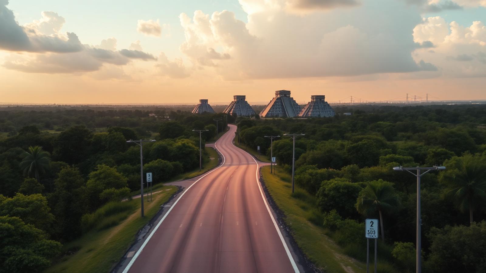 Highway 305 from Playa del Carmen through Yucatan jungle toward Chichen Itza pyramids