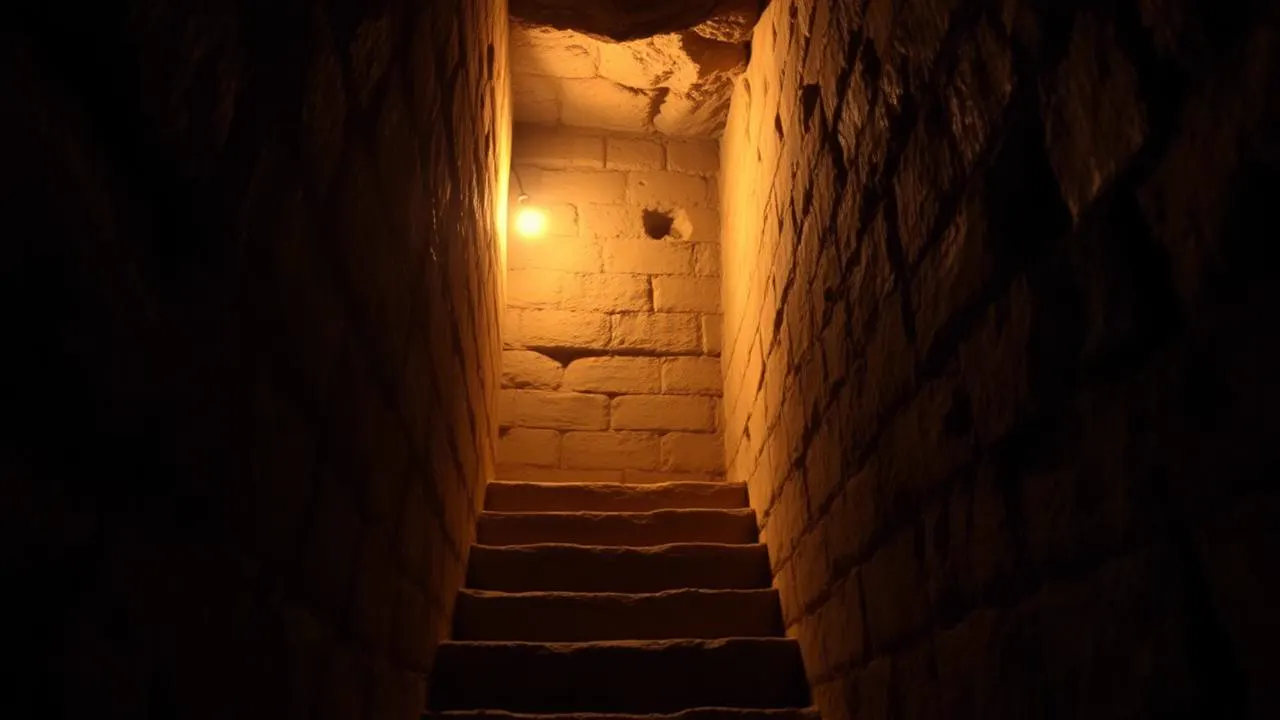 Narrow lamp-lit limestone stairway inside the sealed inner chamber of the El Castillo pyramid at Chichen Itza