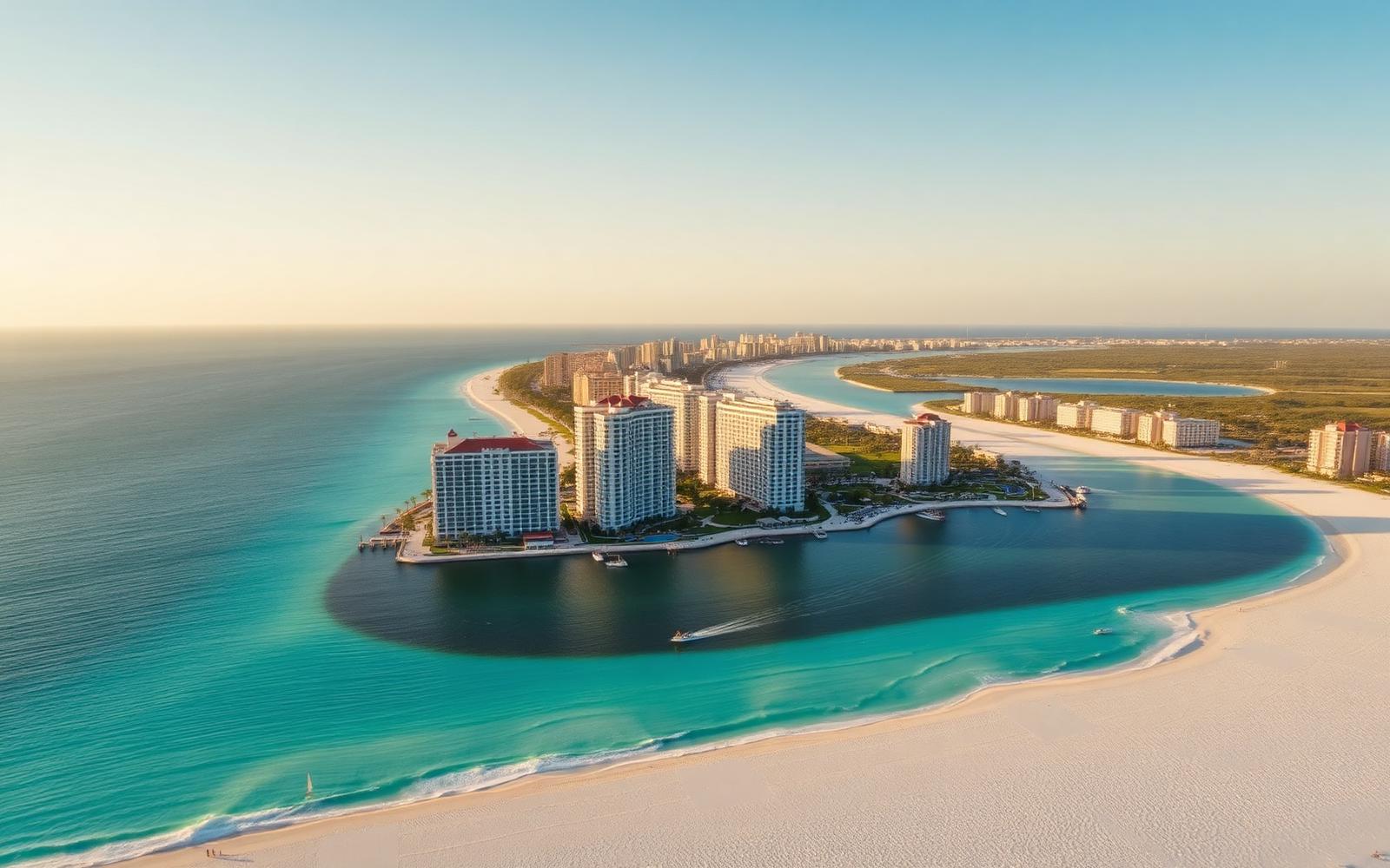 Aerial view of Cancún Mexico Hotel Zone safe tourist coastline with turquoise Caribbean water, white sand beach and luxury resort towers in golden afternoon light