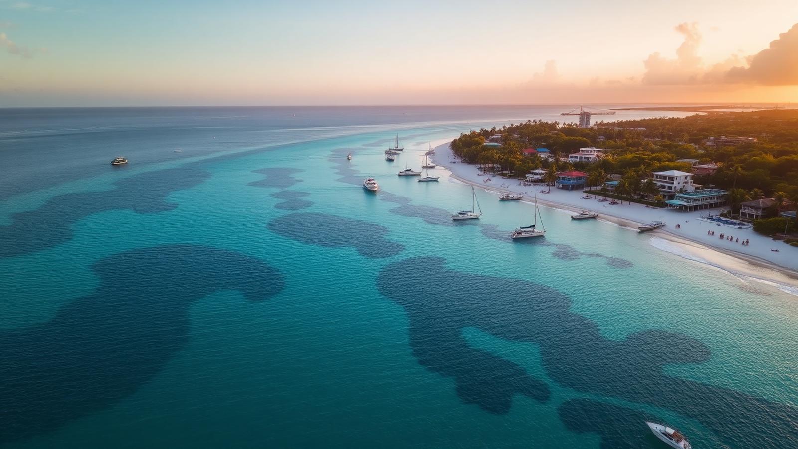 Aerial view of Cozumel Mexico safe tourist coastline with turquoise Caribbean water, small boats, white sand beach and San Miguel skyline in golden afternoon light