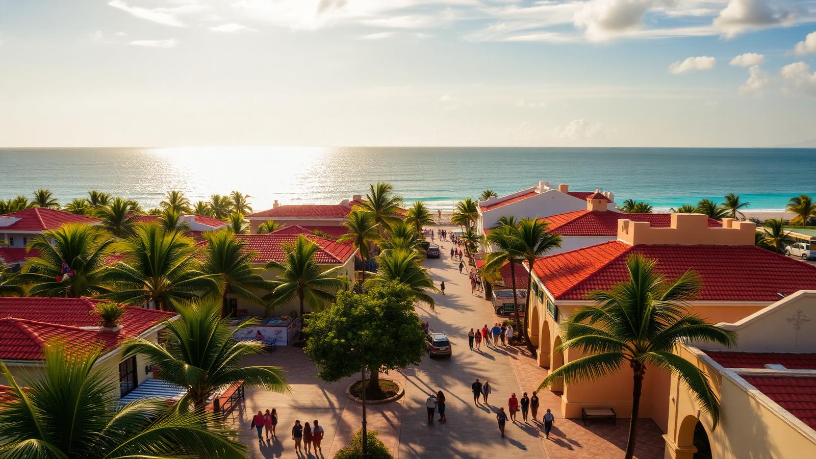 Aerial golden-hour view of Playa del Carmen Mexico safe Quinta Avenida pedestrian corridor with tourists walking, terracotta colonial rooftops, palm trees and turquoise Caribbean sea