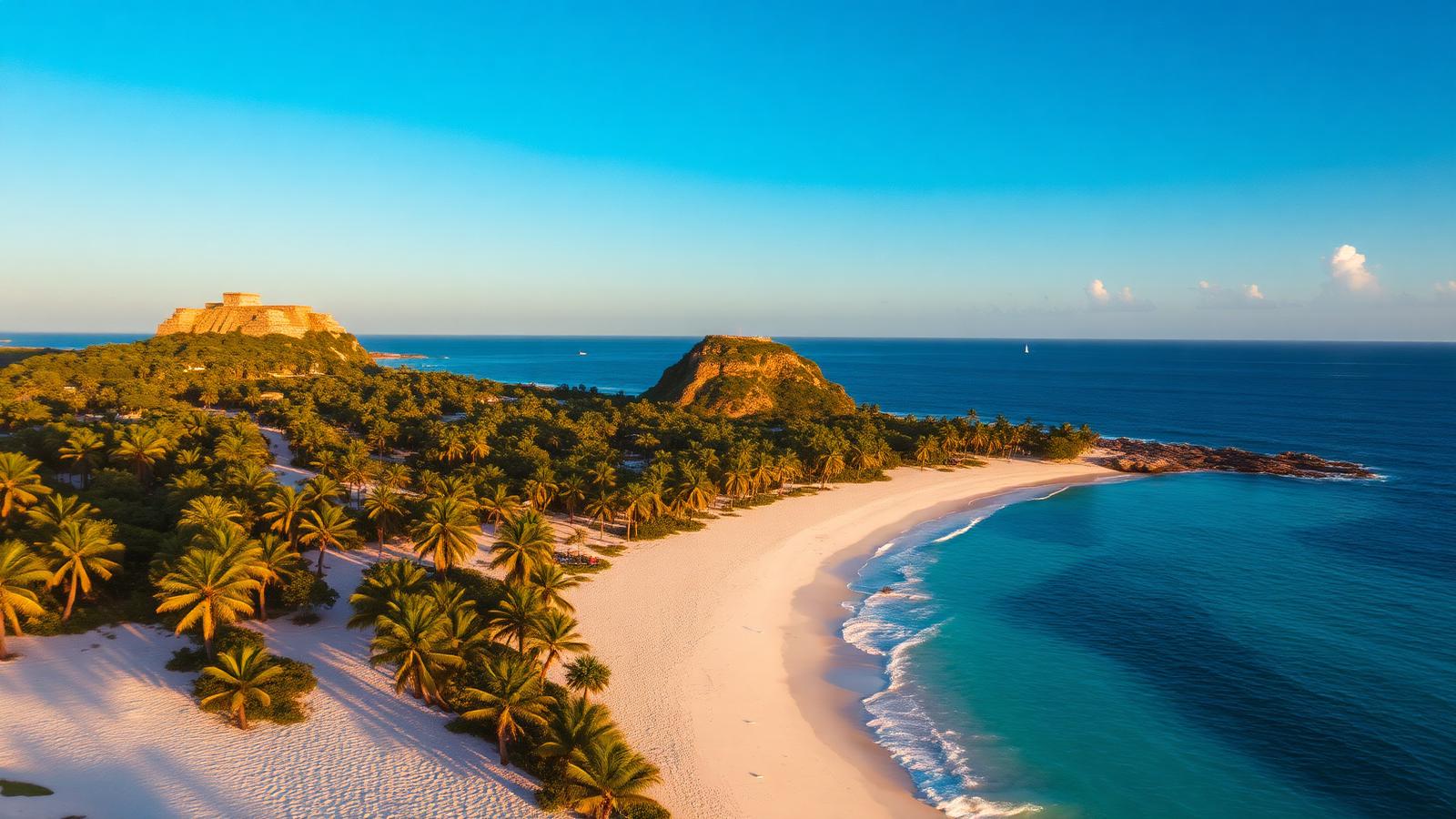 Aerial view of Tulum Mexico safe tourist coastline with turquoise Caribbean water, white sand beach, palm-lined shore and Mayan ruins cliff in golden afternoon light