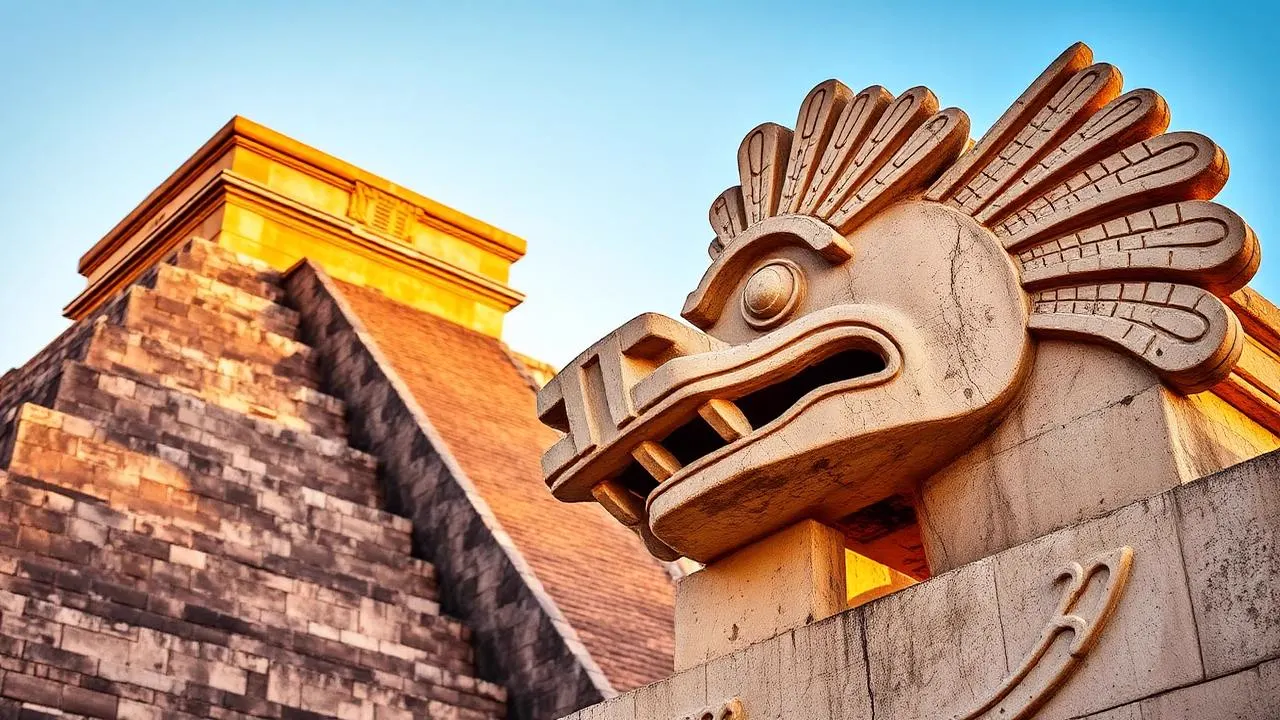 Carved feathered serpent head of Kukulkan in limestone with El Castillo pyramid behind under a clear blue sky