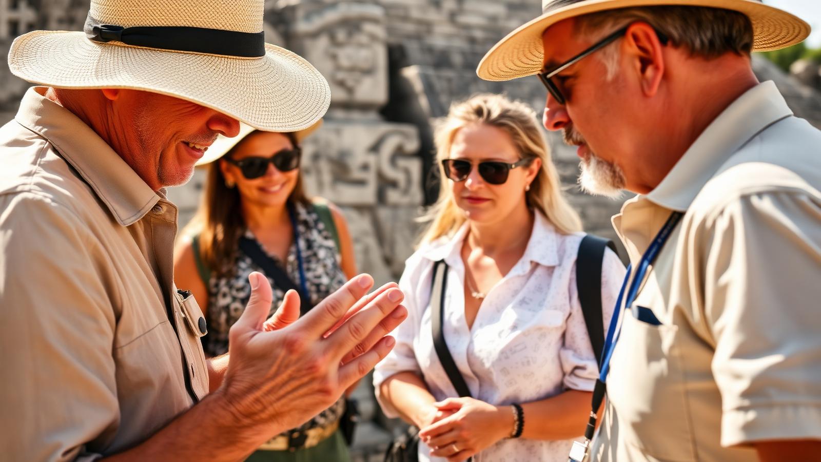Senior INAH-certified Maya archaeologist explaining hieroglyphs to a private group at Chichen Itza during the luxury Itza Quest tour