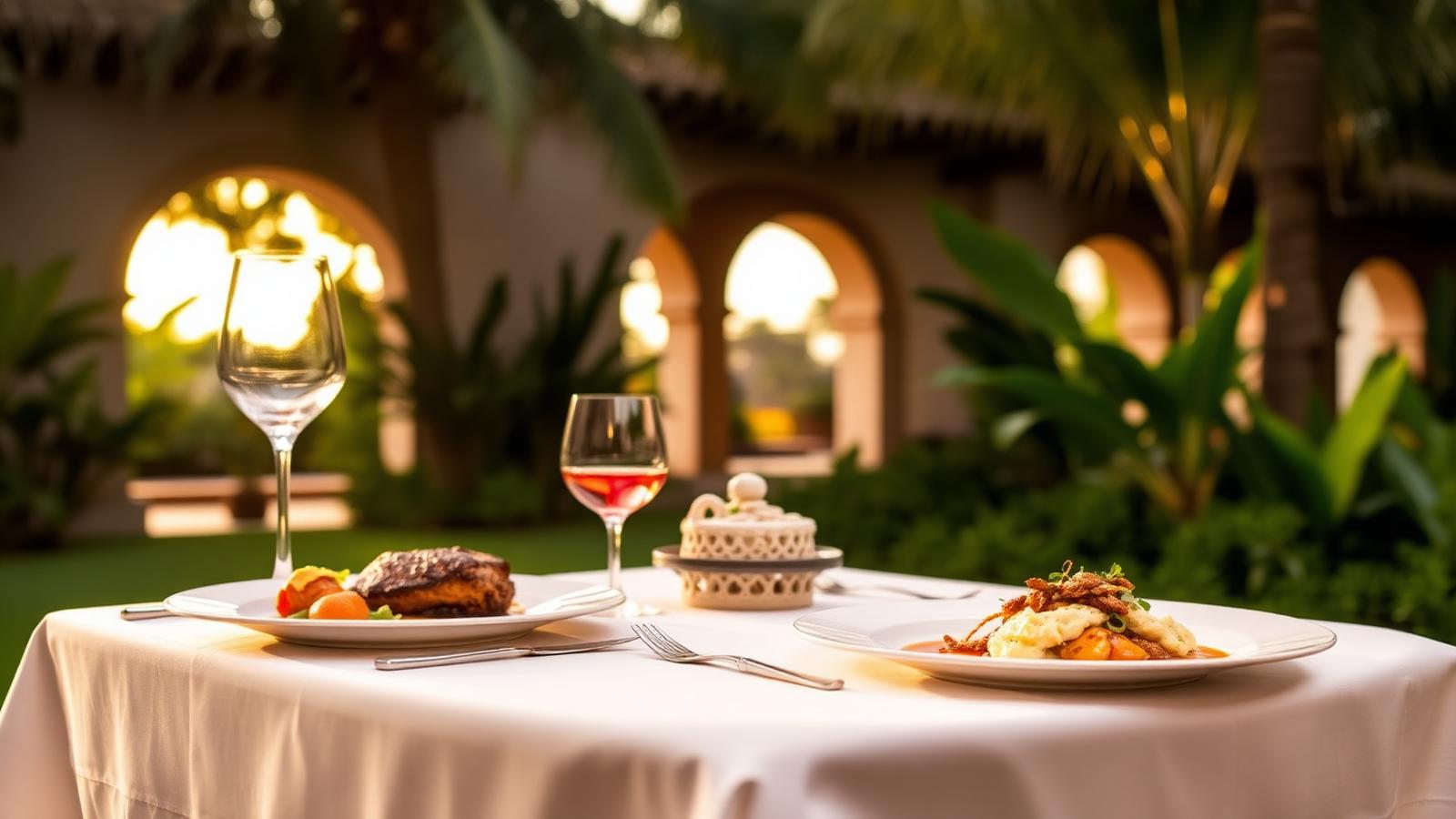Plated Yucatecan lunch at Hacienda Chichen Resort inside the Chichen Itza site perimeter with colonial arches, the luxury Itza Quest tour