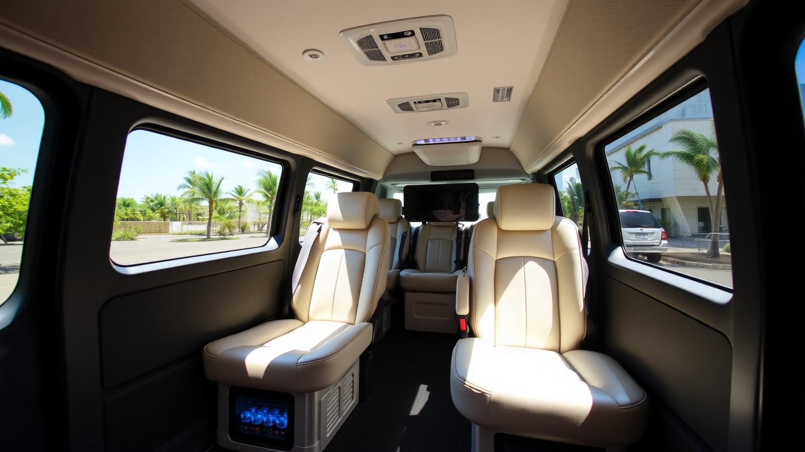 Cream-leather Mercedes Sprinter interior with USB charging and cold-drink cooler for the luxury Chichen Itza tour by Itza Quest