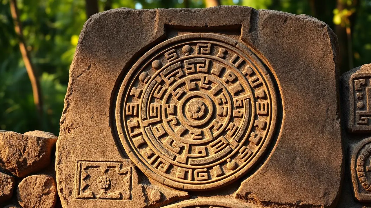 Maya calendar disc carved into weathered limestone showing concentric rings of day glyphs in warm afternoon light