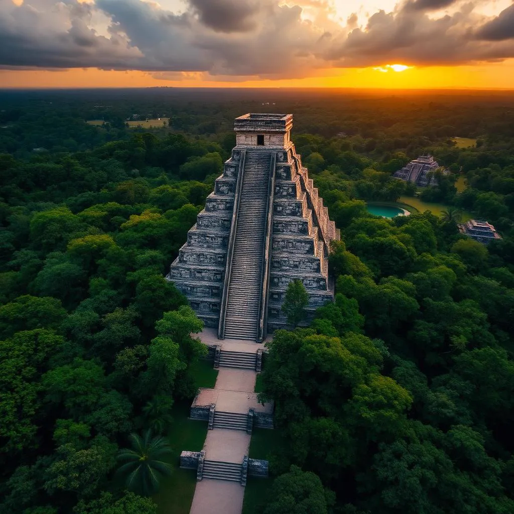 Aerial golden-hour view of a Mayan pyramid rising above lush Yucatán jungle canopy with sacbé white causeway, distant temple platforms and a turquoise cenote, best Mayan ruins in Mexico 2026